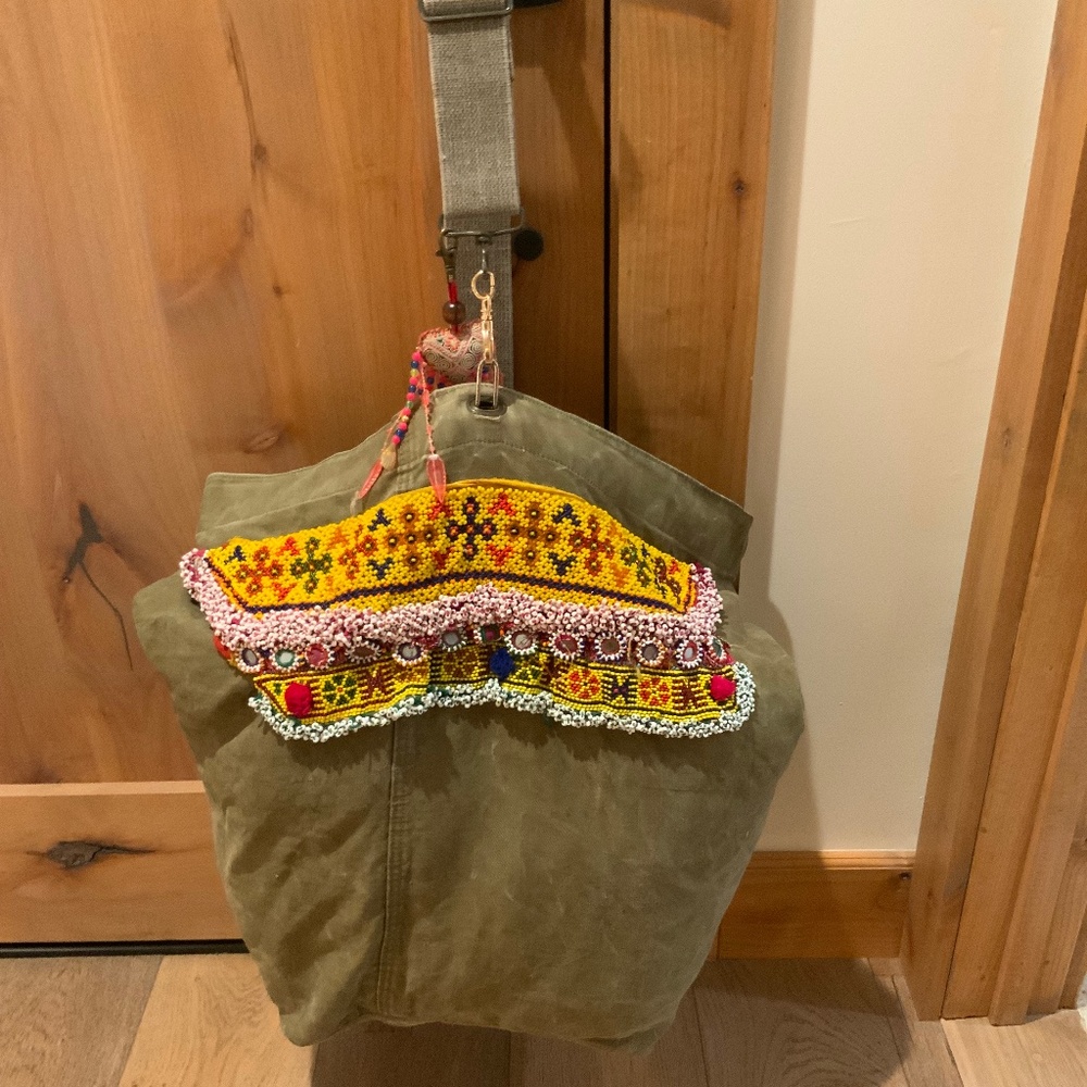 Tricia Fix x Free People Beaded Vintage Military Duffel Bag Tote LARGE